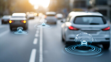 Autonomous vehicles driving on a smart road network, with digital sensors monitoring their real-time movements for efficient and safe transportation.