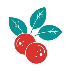 Obraz premium a simple, stylized illustration of two red berries with three green leaves. The berries are round with small white highlights, and the leaves have white veins