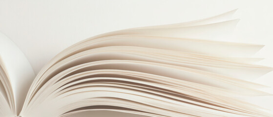 A close-up of an open book with pages fanned out. The pages are made of a smooth, textured paper and have a slightly yellowed tint. The book is open at an angle. Generative AI