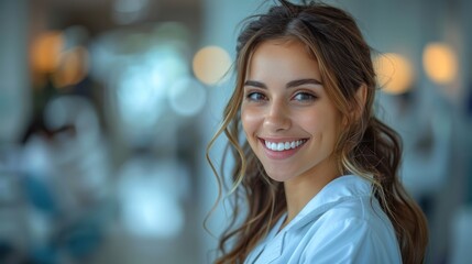 Obraz premium A smiling patient at the dental office during a routine checkup with a caring doctor