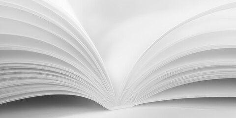 A close-up of an open book with white pages fanned out.  It is a dynamic composition against a simple, off-white background. Generative AI