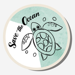 Ecology sticker with text Save the ocean and watercolor background. Care for nature