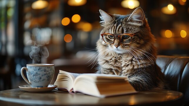 Scientist fluffy cat in glasses sitting on a table with a cup of tea and a book.