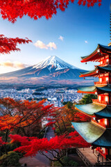 Autumnal Elegance: Chureito Pagoda and Mount Fuji. generative AI