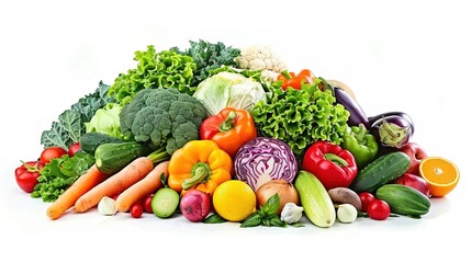 Vibrant Pile of Fresh Produce: Colorful Vegetables and Fruits Including Cabbage, Cucumber, Bell Pepper, Tomato, Broccoli, Kale, Onion, Eggplant, Apple, and Orange