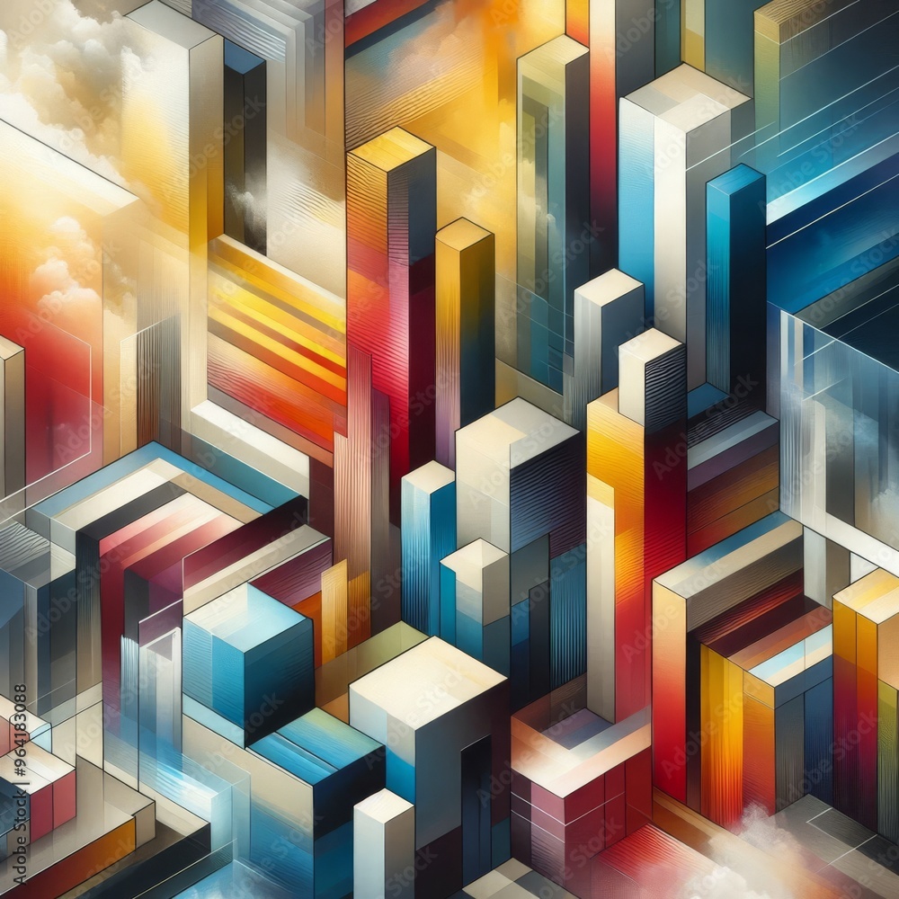 Poster a mesmerizing abstract geometric cityscape featuring vibrant colors and intricate patterns. this dig