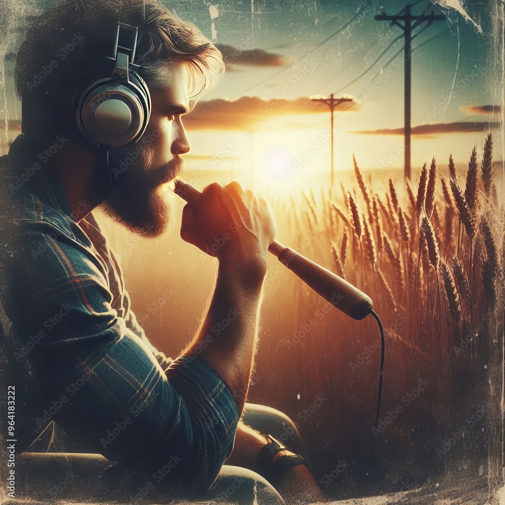 Poster a bearded man sits in a wheat field at sunset, deep in thought. wearing headphones, he holds a micro