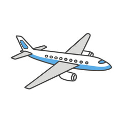 a simple, cartoon-style drawing of an airplane. The airplane is depicted in a side view, angled slightly upward. It is primarily white with a blue stripe running along the side of the fuselage