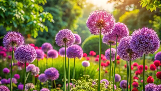Vibrant purple alliums tower above geraniums with delicate pink flowers and lush green foliage in a warm, sun-drenched garden scene on a summer afternoon.