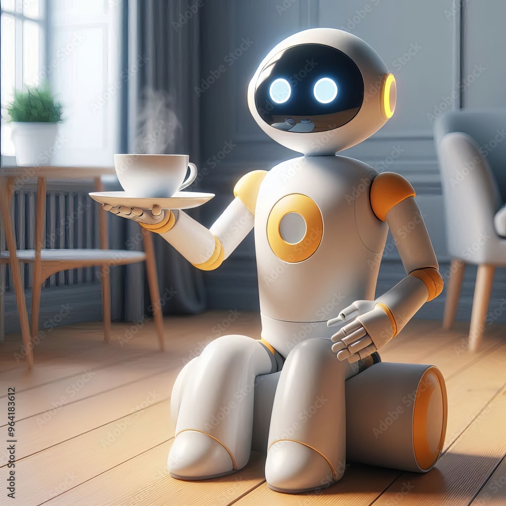Poster adorable robot with glowing eyes serves a cup of coffee in a cozy home setting. the warm light and i
