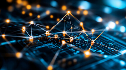 Abstract network of illuminated connections over a technical blueprint, symbolizing advanced technology, data flow, and innovation.
