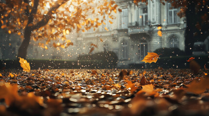 A captivating image showcasing sparkling dew droplets on golden leaves within a luxurious garden setting.  Generative AI