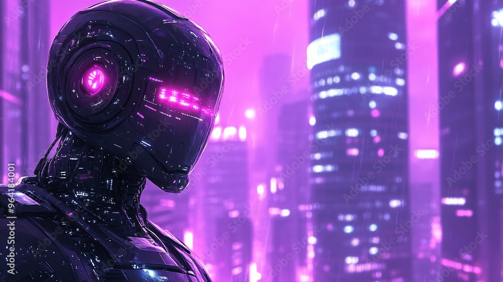Poster Close-up of an 80s-style robot with glowing eyes in a futuristic city lit by neon lights towering buildings in the background Large space for text in center Stock Photo with copy space