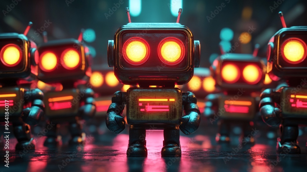 Aufkleber A group of retro-futuristic robots interacting in a neon-lit futuristic city center showcasing advanced technology and retro design Large space for text in center Stock Photo with copy space