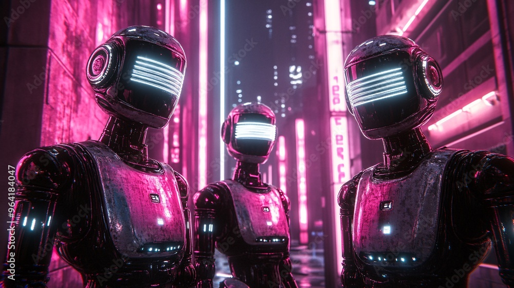 Poster A group of retro-futuristic robots interacting in a neon-lit futuristic city center showcasing advanced technology and retro design Large space for text in center Stock Photo with copy space