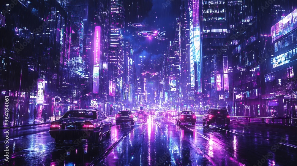 Poster futuristic city at night with robots patrolling the streets and vintage-style cars hovering above in