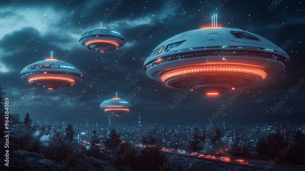 Poster Futuristic city at night with robots patrolling the streets and vintage-style cars hovering above in a mix of retro and modern aesthetics Large space for text in center Stock Photo with copy space
