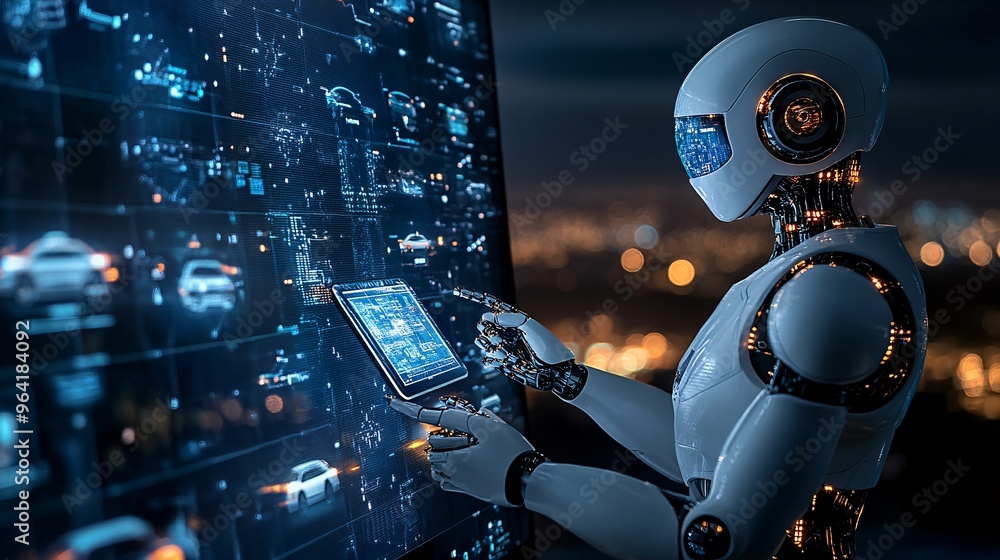 Poster an 80s-inspired robot holding a futuristic holographic screen with flying cars and city lights in th