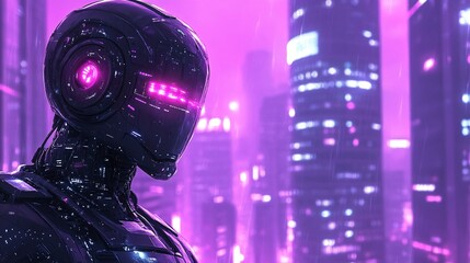 Close-up of an 80s-style robot with glowing eyes in a futuristic city lit by neon lights towering buildings in the background Large space for text in center Stock Photo with copy space