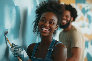 A woman and a man are painting a wall together