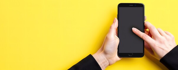 Close up of a woman's hands holding a black smartphone against a yellow background. The phone's screen is blank, offering a space for your message.