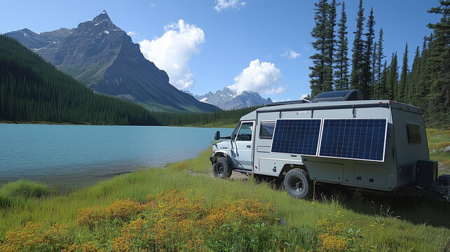A camper van is parked by a lake in the mountains