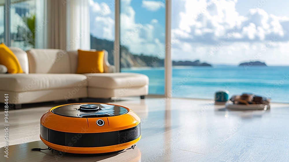 Poster Living room in 60s style with futuristic home automation devices like a robot vacuum and voice-controlled lighting Large space for text in center Stock Photo with copy space