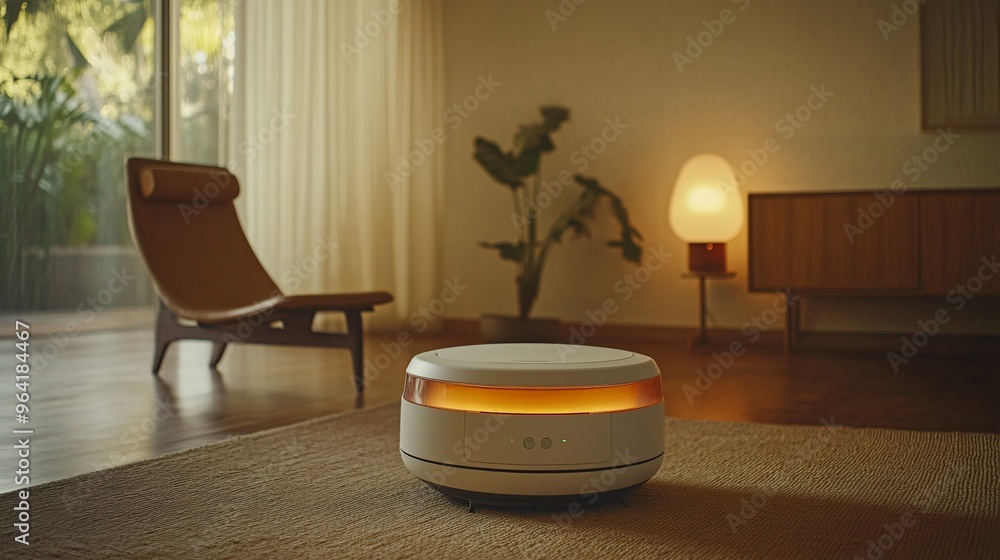 Aufkleber Living room in 60s style with futuristic home automation devices like a robot vacuum and voice-controlled lighting Large space for text in center Stock Photo with copy space