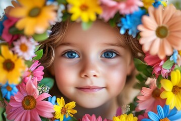 Close-up of a little girl with bright blue eyes surrounded by colorful flowers, smiling in a floral wreath

