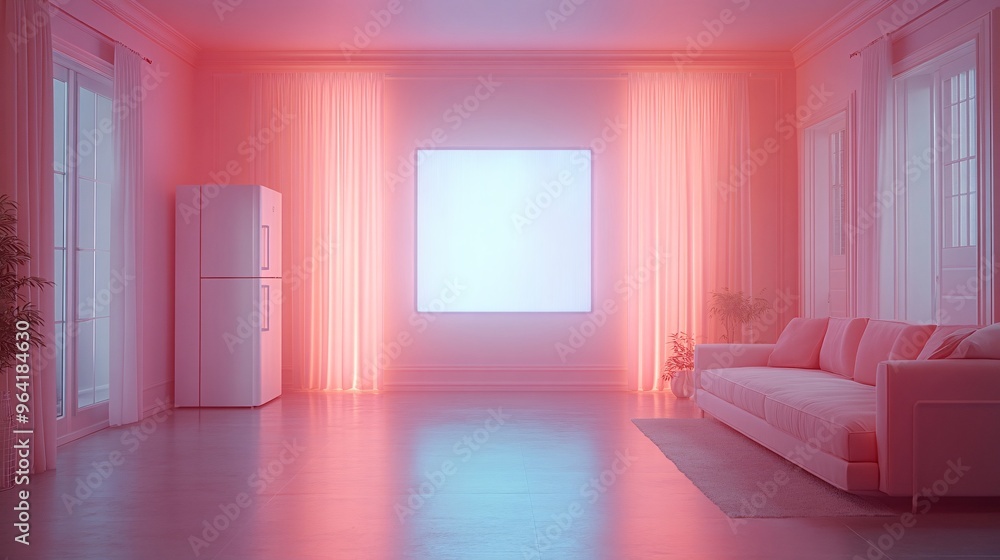 Aufkleber a 60s-inspired living room with a smart refrigerator and holographic display showing the latest tech