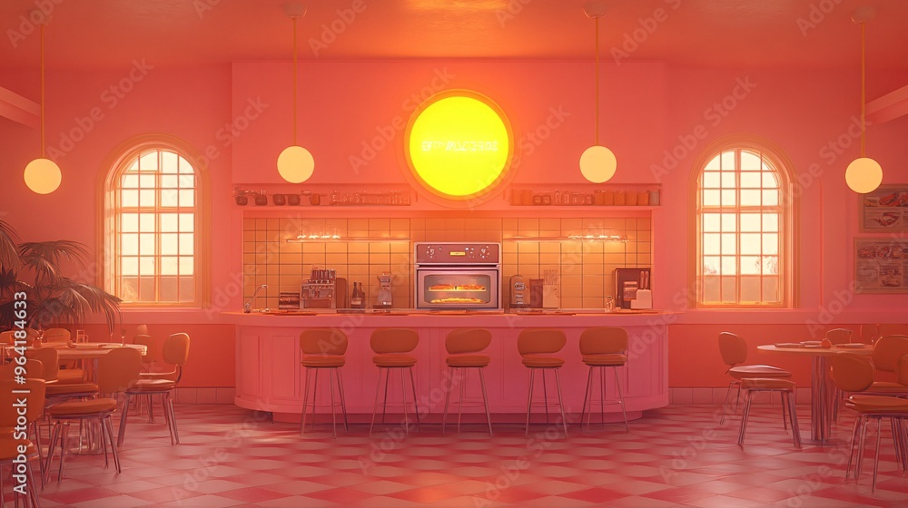 Poster futuristic smart home kitchen with retro 60s design featuring an ai-controlled oven and holographic 