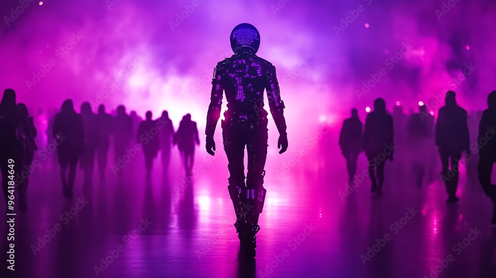 Poster Fashion show in a futuristic setting with models wearing 80s-inspired clothing featuring glowing fabrics and interactive accessories Large space for text in center Stock Photo with copy space