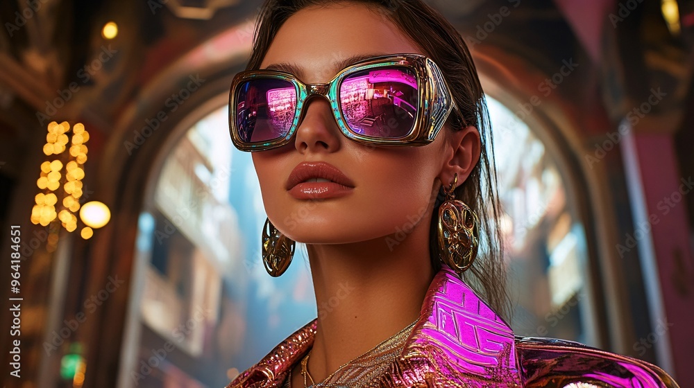 Aufkleber fashion show in a futuristic setting with models wearing 80s-inspired clothing featuring glowing fab