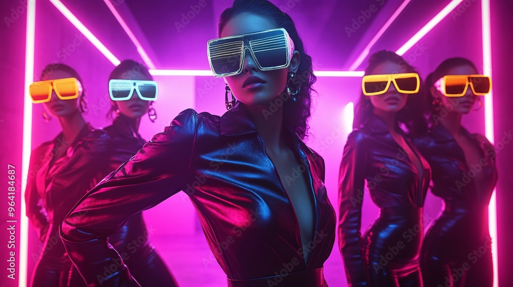 Poster Fashion show in a futuristic setting with models wearing 80s-inspired clothing featuring glowing fabrics and interactive accessories Large space for text in center Stock Photo with copy space
