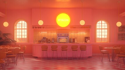 Futuristic smart home kitchen with retro 60s design featuring an AI-controlled oven and holographic recipe guide Large space for text in center Stock Photo with copy space