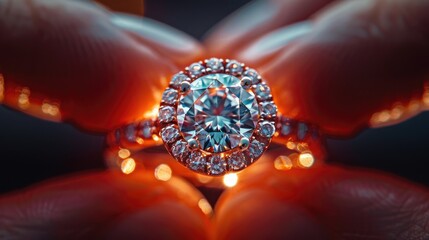 Macro shot of a jeweler showcasing an exquisite diamond ring during evening hours