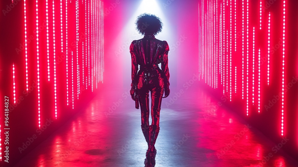 Poster a blend of vintage and futuristic design in a fashion show showcasing glowing 80s-style clothing und