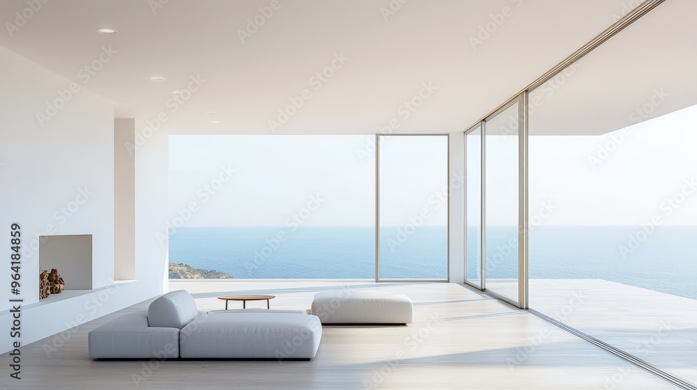 Wall mural Minimalist living room with an ocean view and large glass sliding doors.