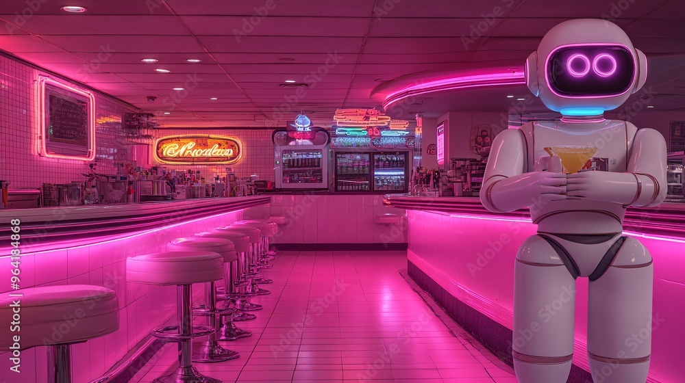Poster a futuristic robot waiter serving drinks in a retro-style 80s diner with neon signs and vibrant ligh