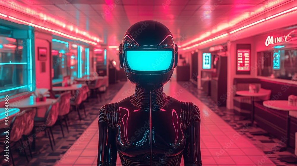 Poster a futuristic robot waiter serving drinks in a retro-style 80s diner with neon signs and vibrant ligh