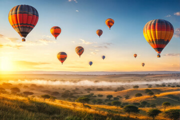 Obraz premium Landscape. Peaceful Panorama: Sunrise Hot Air Balloons Over Rural Fields and Forests. generative AI