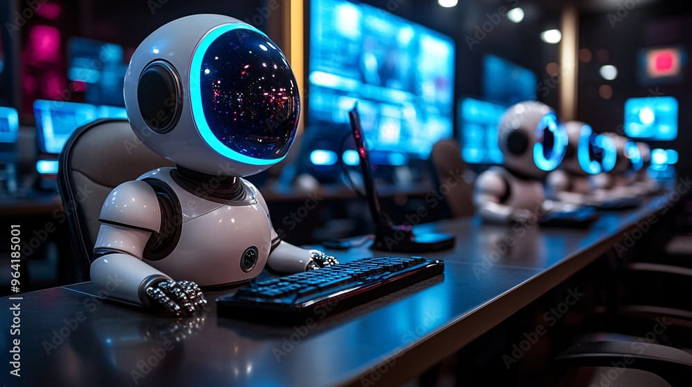 Aufkleber a group of 80s-inspired robots working in a high-tech futuristic office surrounded by neon lights an
