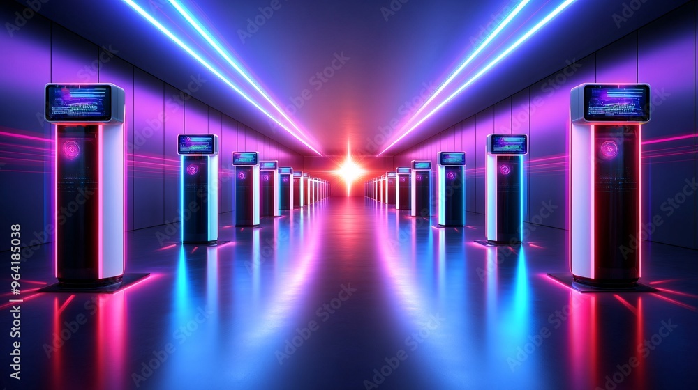 Poster a group of 80s-inspired robots working in a high-tech futuristic office surrounded by neon lights an
