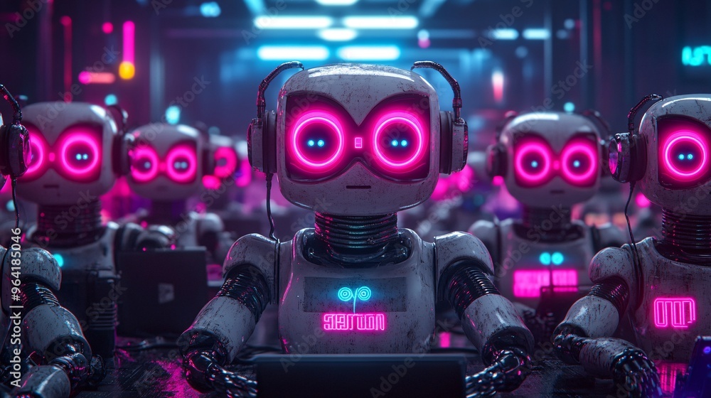 Aufkleber a group of 80s-inspired robots working in a high-tech futuristic office surrounded by neon lights an