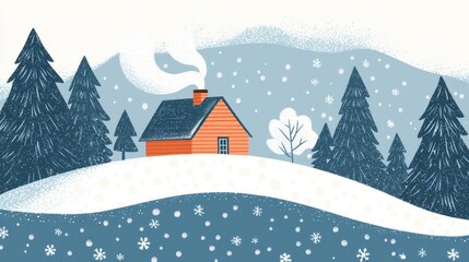 A warm wooden cabin sits amid gently falling snowflakes, surrounded by tall evergreen trees under a clear winter sky
