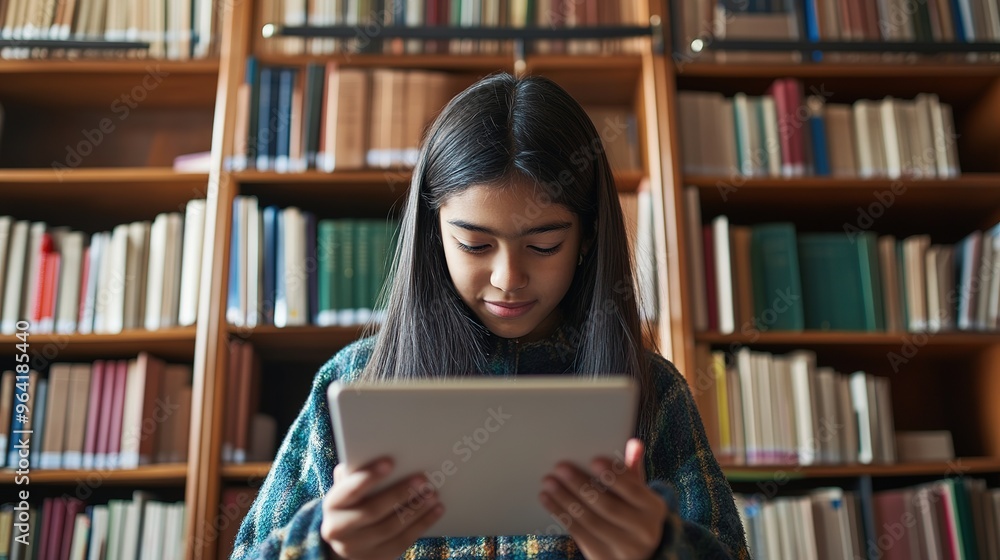 Poster a student navigating through a digital library of educational resources on a tablet