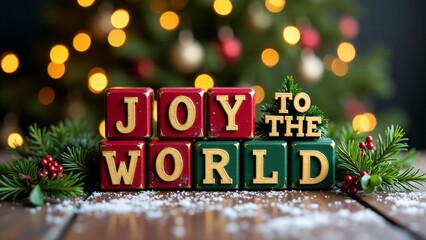 Red and green blocks spelling "Joy to the World" with holly and pine sprigs, set against glowing Christmas lights