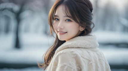 雪の中で微笑む女性/Smiling woman in the snow