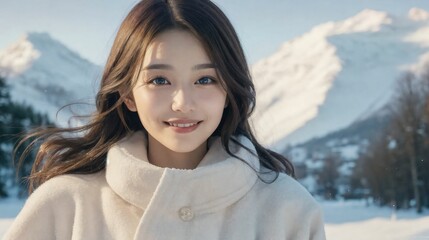 雪の中で微笑む女性/Smiling woman in the snow