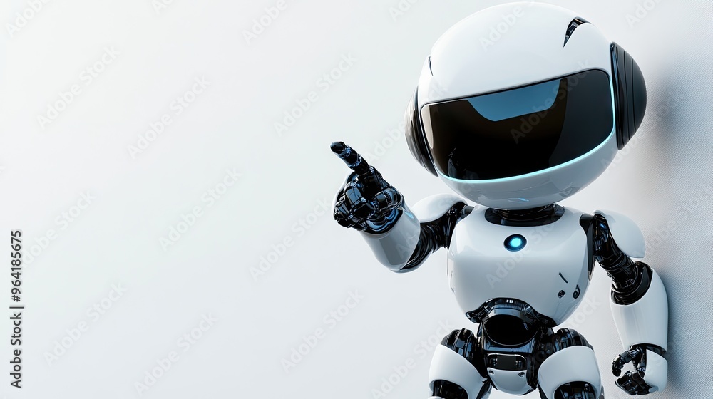 Poster friendly robot character pointing at copy space, offering a tech-savvy yet approachable design perfe